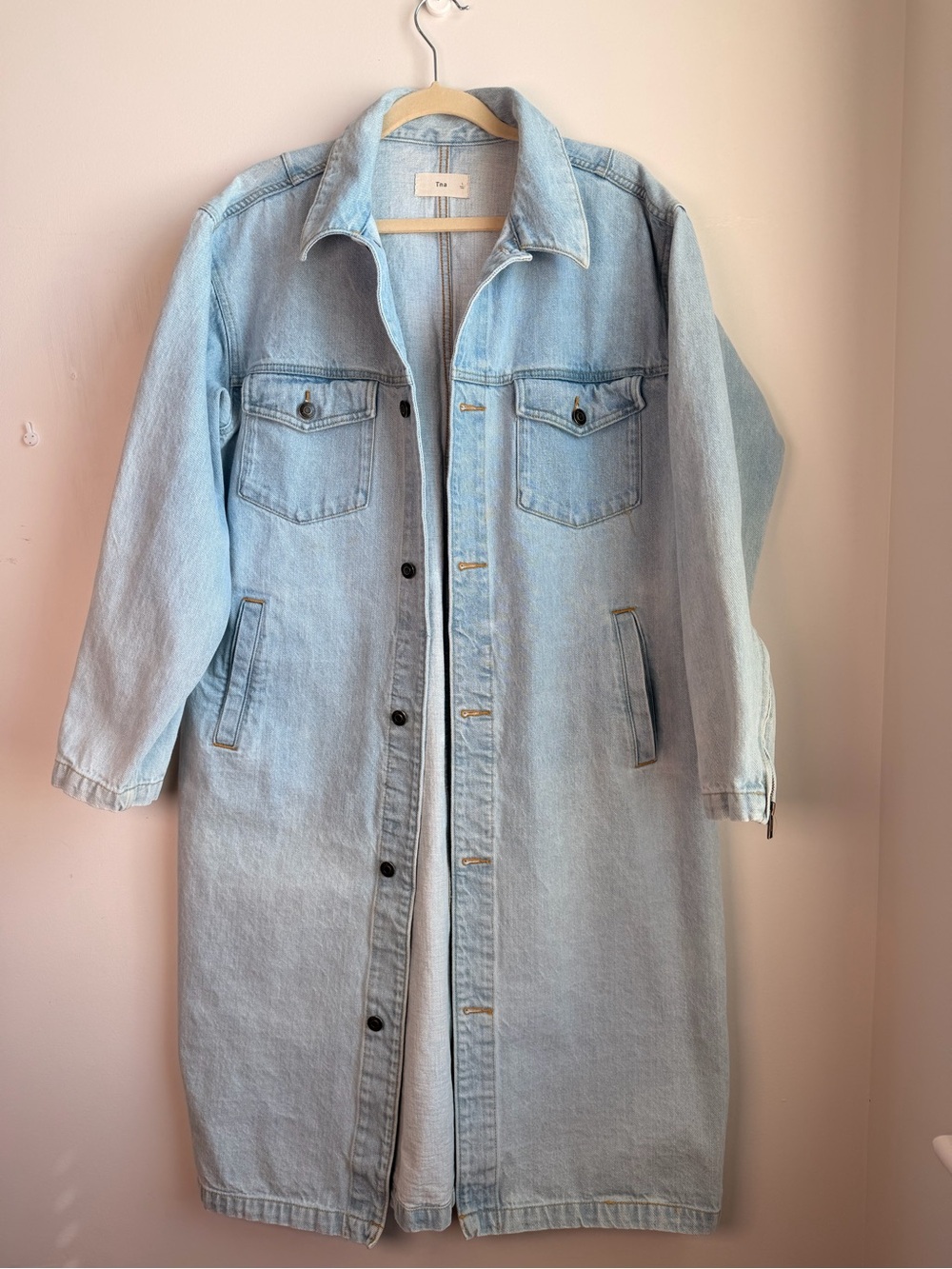 TNA Aritzia Crystal Falls Maxi-Length Duster Denim Jacket 100% Cotton